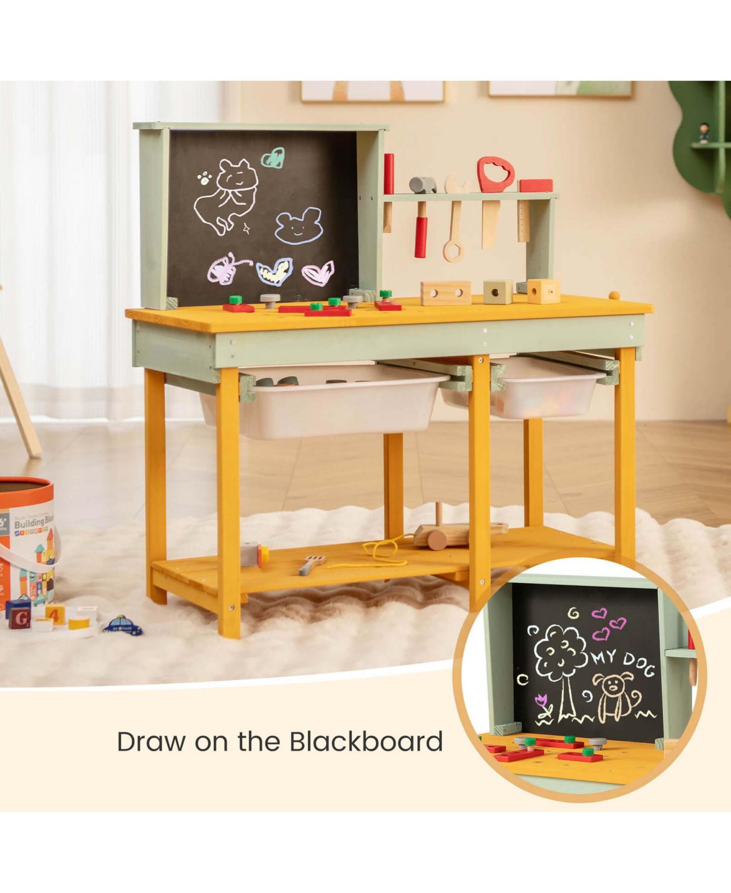 Детская игрушка Costway Kids Wooden Toy Workbench with Storage Space Blackboard Tool, цвет: Коричневый — фото 3