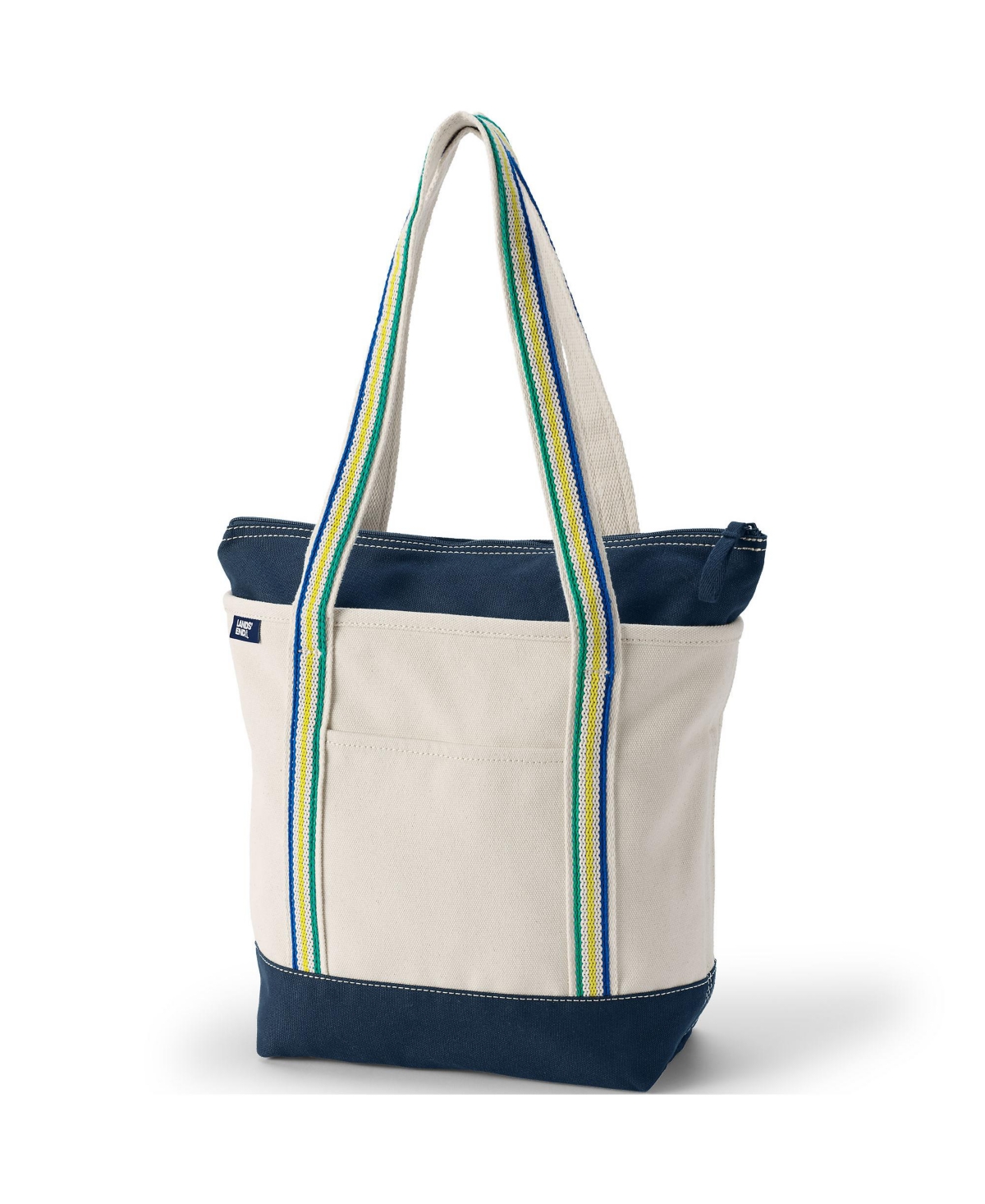 Lands' End5 Pocket Zip Top Long Handle Canvas Tote Bag - Natural/radiant navy stripe