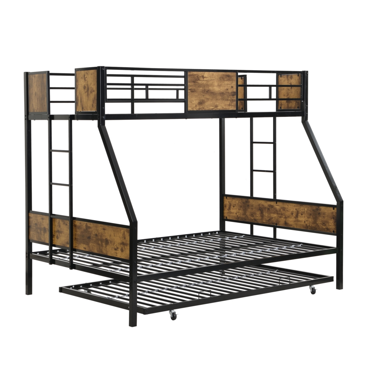Streamdale Furniture Twin Over Full Bunk Bed with Trundle, Guardrails, Storage - Black+brown