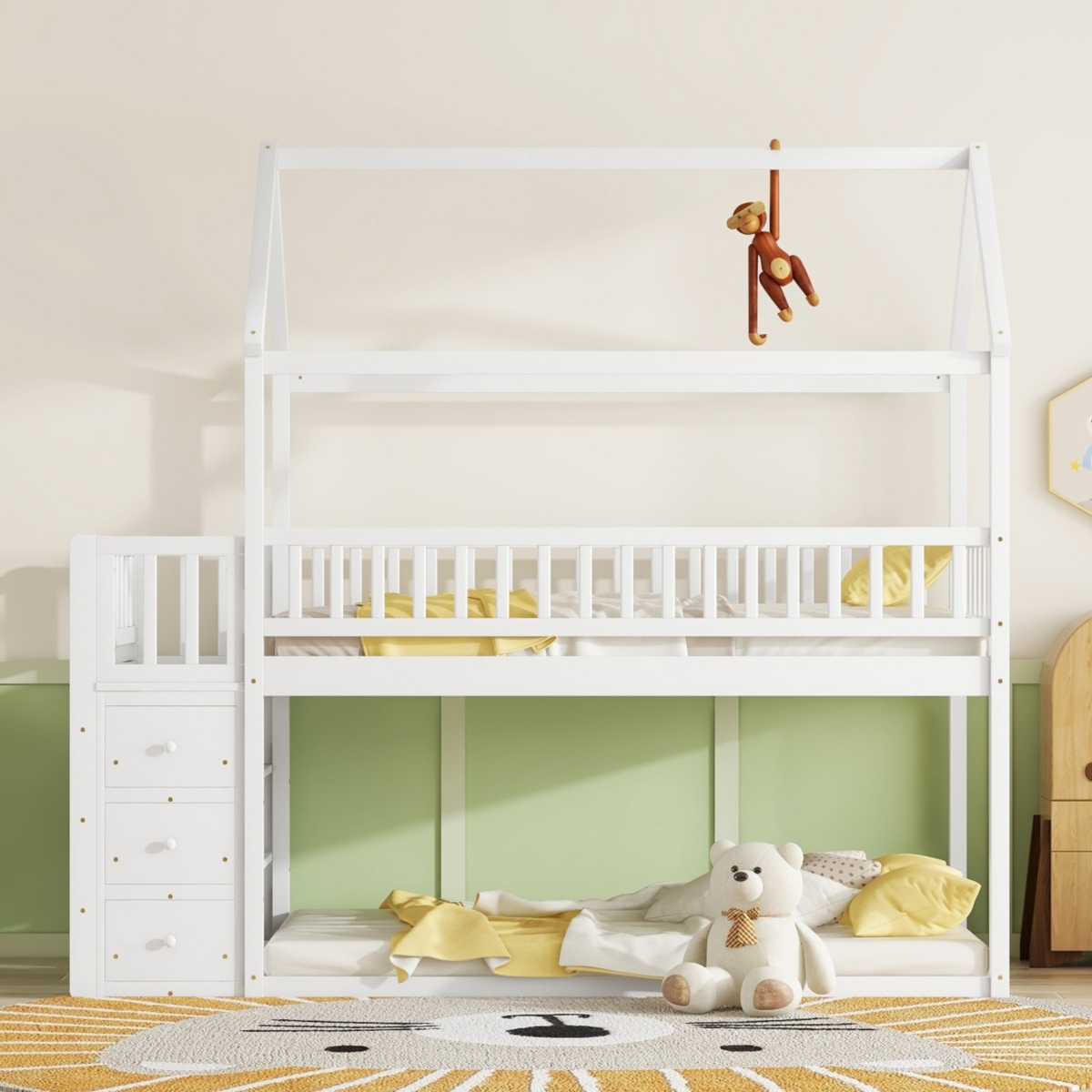 Simplie Fun Twin House Bunk Bed with Shelves, Drawers, and Playful Roof Design