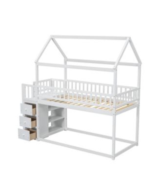Twin House Bunk Bed with Shelves, Drawers, and Playful Roof Design