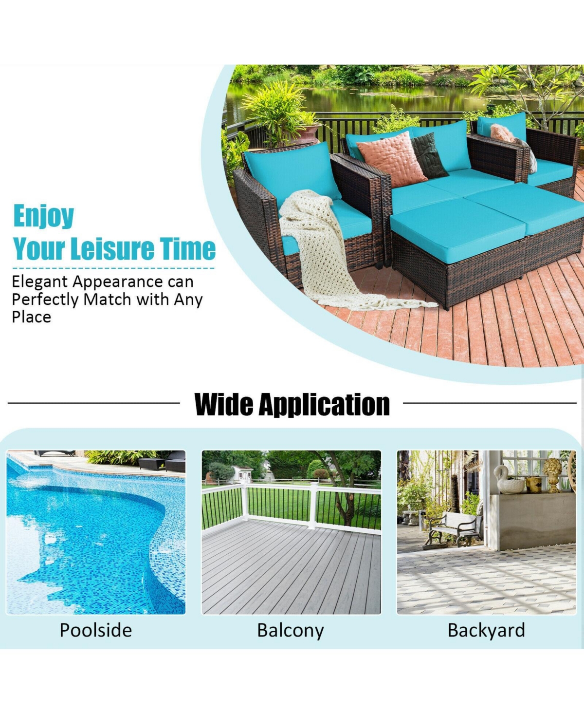 5 Pieces Patio Rattan Furniture Set Conversation Sets with Removable Cushions