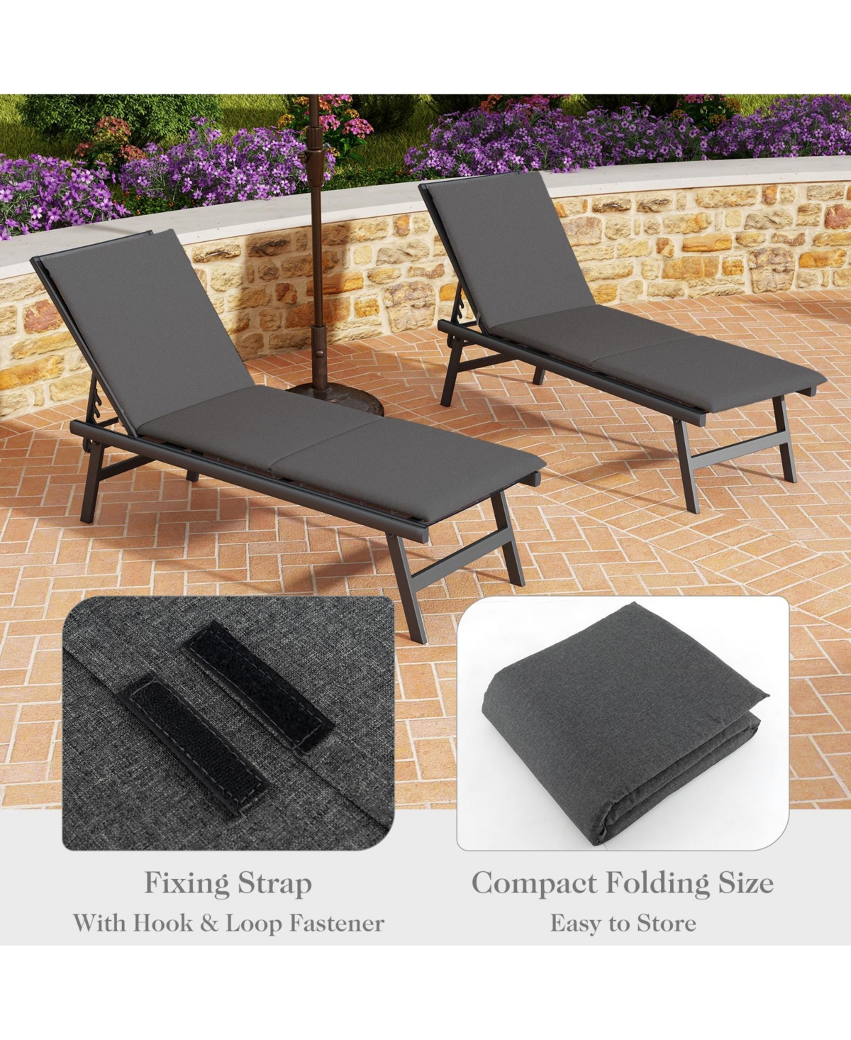 Slickblue Outdoor Chaise Lounge Cushion Patio Furniture Folding Pad with Fixing Straps