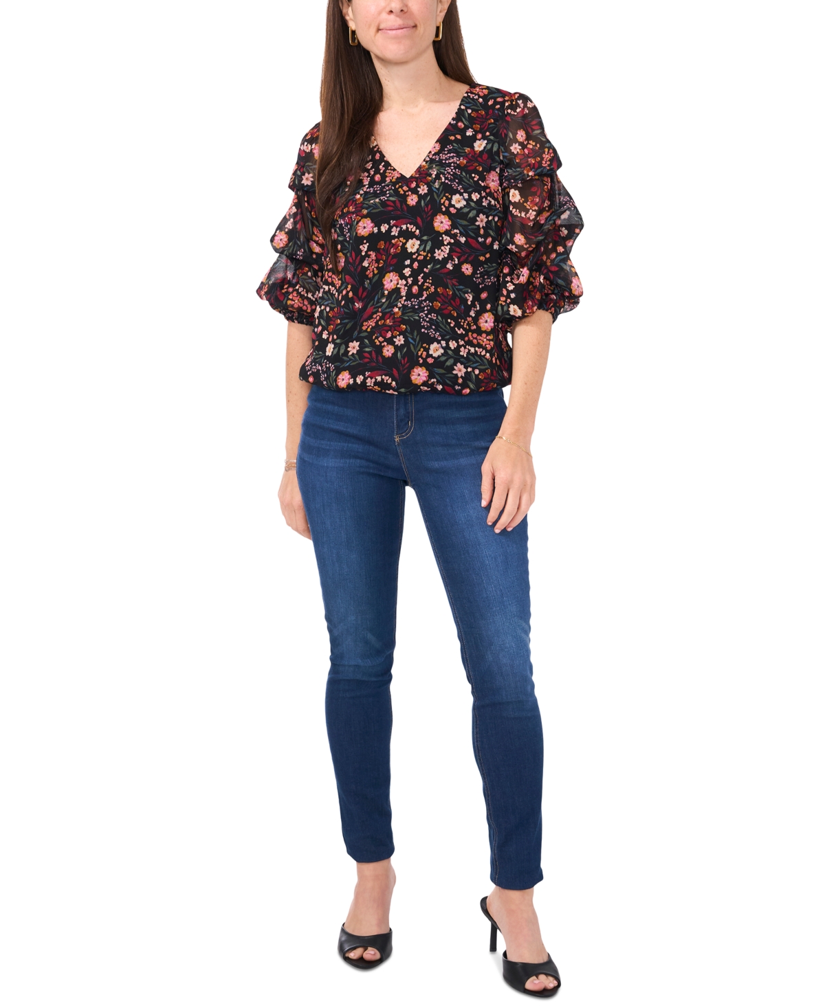 Sam & Jess Petite V-Neck Floral-Print 3/4-Sleeve Top - Black 001
