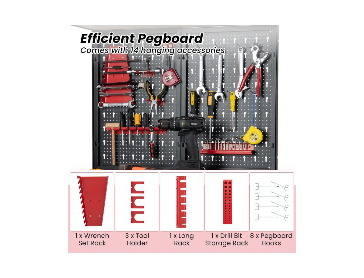 Slickblue Tool Storage Workbench with Pegboard with 14 Hanging Accessories for Garage - Red