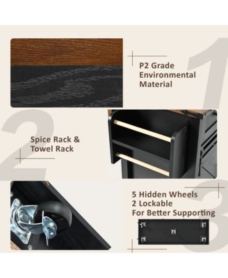 Black Wood Grain Farmhouse Kitchen Island with Sliding Doors