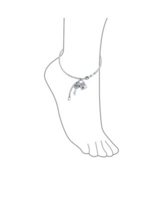 CZ Accent Heart Dangle Charm Lock Key Anklet Double Chain Ankle Bracelet Sterling Silver Adjustable 9 To 10 Inch With Extender