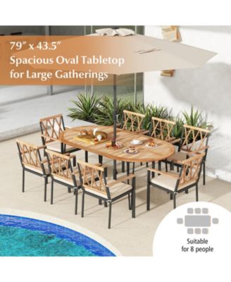 79 Inch Oval Patio Dining Table with Umbrella Hole and Acacia Wood Tabletop for 8 People