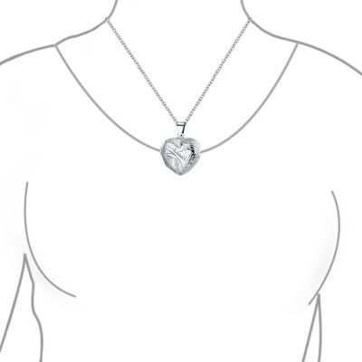 Simple Plain Keepsake Domed Puff carved Leaf Heart Shaped Photo Locket Holds Photos Pictures Silver Necklace Pendant Large