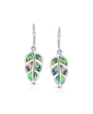 Native American Inspired Red Brown Blue Created Opal Inlay Lever back Nature Leaf Dangle Drop Earrings .925 Sterling Silver