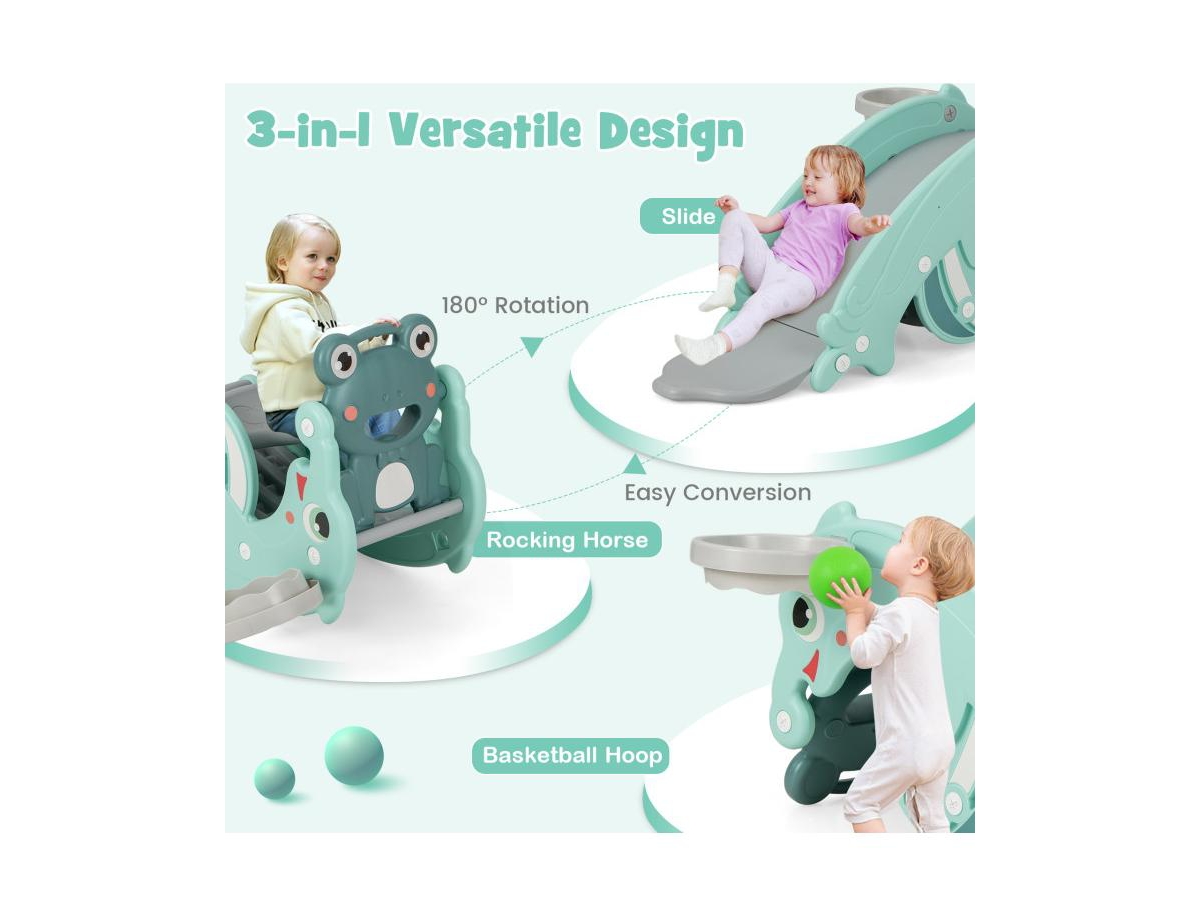 Slickblue 3-in-1 Kids Slide Rocking Horse Set Convertible Toddler Slide with Basketball Hoop
