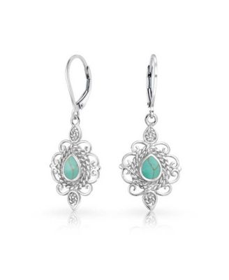 Sterling Silver Genuine Emerald Pear Teardrop Filigree Lever Back Earrings
