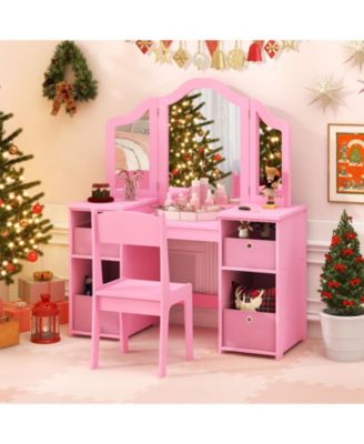 Kids Vanity Table and Chair Set with Removable Mirrors and 4 Storage Bins