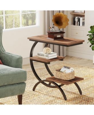 3-Tier Wood C-Shaped End Table with Storage Shelves, Metal Frame Side Table for Small Spaces