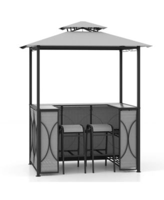 3-Piece Patio Bar Set Grill Gazebo & 2 Bar Stools with Tempered Glass Bar Table