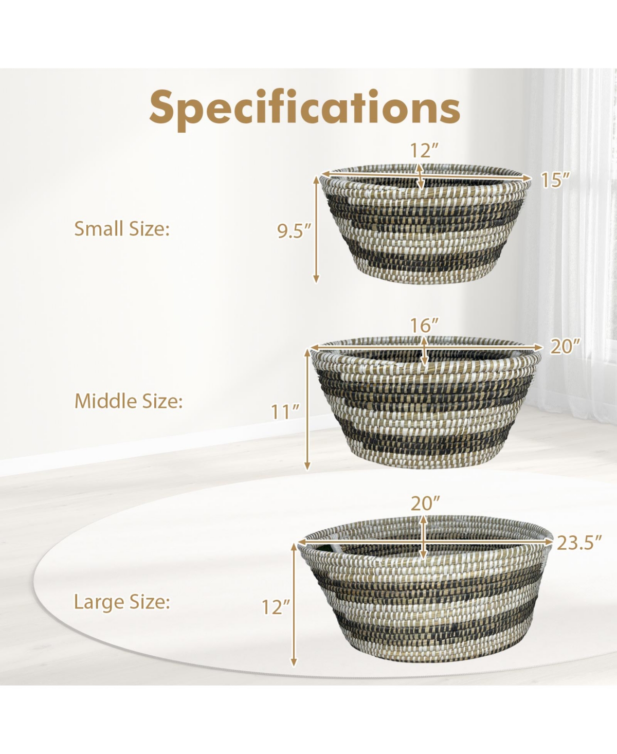 Slickblue Natural Canes Grass Baskets Stackable Storage Bins Set of 3 with Hollowed Handles - Black