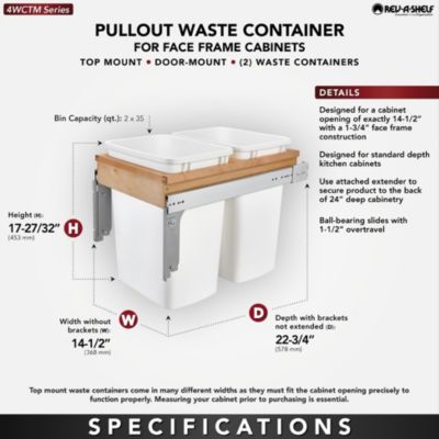 Double Pullout Top Mount Trash Cans 35 qt., White, 4WCTM-18DM2-175