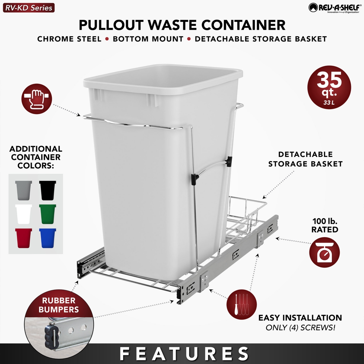 Rev-a-Shelf Pull Out Trash Can 35 Qt for Kitchen Cabinets, Silver, Rv-12KD-17C S