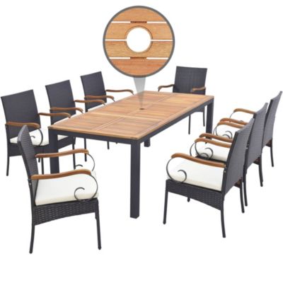 9 PCS Patio Rattan Dining Set with Acacia Wood Table, Cushions, 1.9" Umbrella Hole