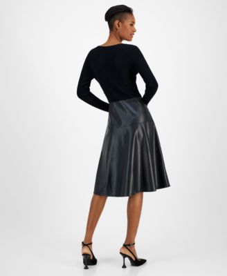 T Tahari Women's Mixed-Media Faux-Leather Fit & Flare Dress - Macy's