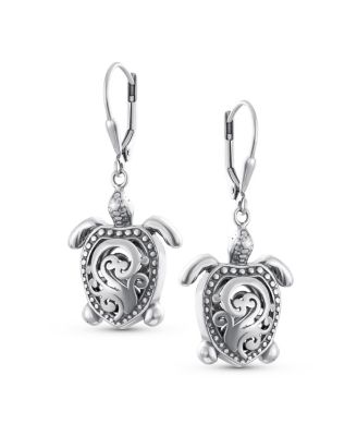Honeymoon Vacation Nautical Balinese Tortoise Beach Balinese Turtle Dangle Earrings Oxidized Sterling Silver