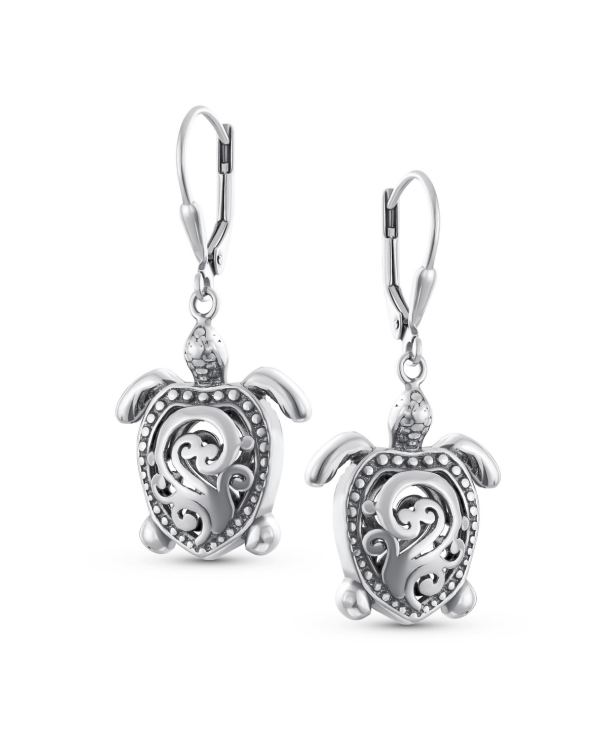 Bling Jewelry Honeymoon Vacation Nautical Balinese Tortoise Beach Balinese Turtle Dangle Earrings Oxidized Sterling Silver