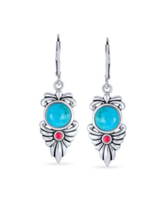 Southwest Native American Squash Blossom Style Multicolor Blue Natural Turquoise Red Carnelian Feather Lever Back Dangle Earrings Sterling Silver