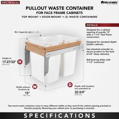 Double Pullout Top Mount Trash Can 35 qt., White, 4WCTM-18DM2