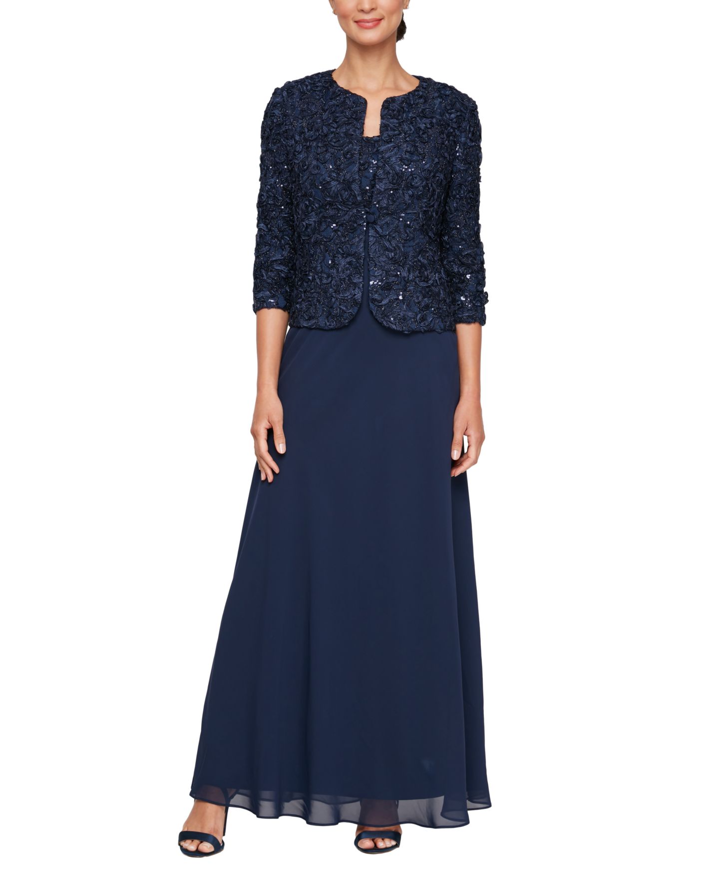 Женское платье Alex Evenings Empire Waist Long Open Soutache Jacket, цвет: Тёмно-синий — фото 1