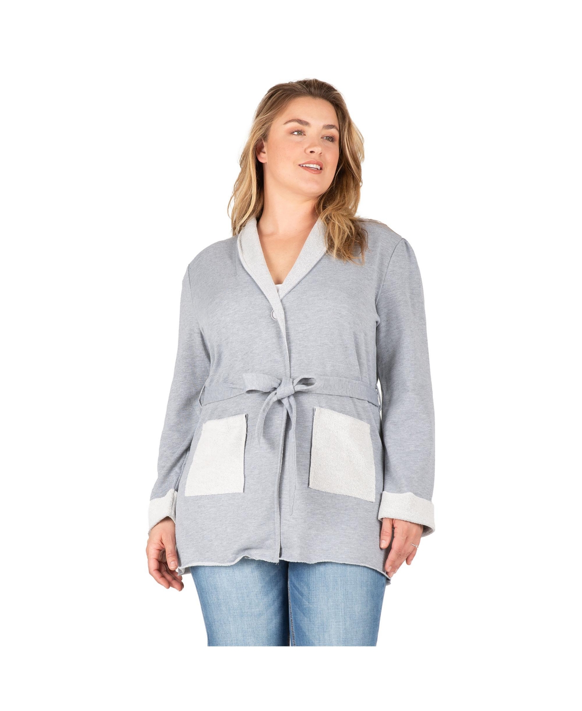 Standards & Practices Plus Size Reverse Trim Shawl Collared Self Tie Cardigan