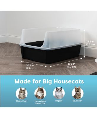USA Extra Large Open Top Cat Litter Box with Scatter Shield, Sturdy Easy to Clean Open Air Kitty Litter Pan with Tall Spray, Black