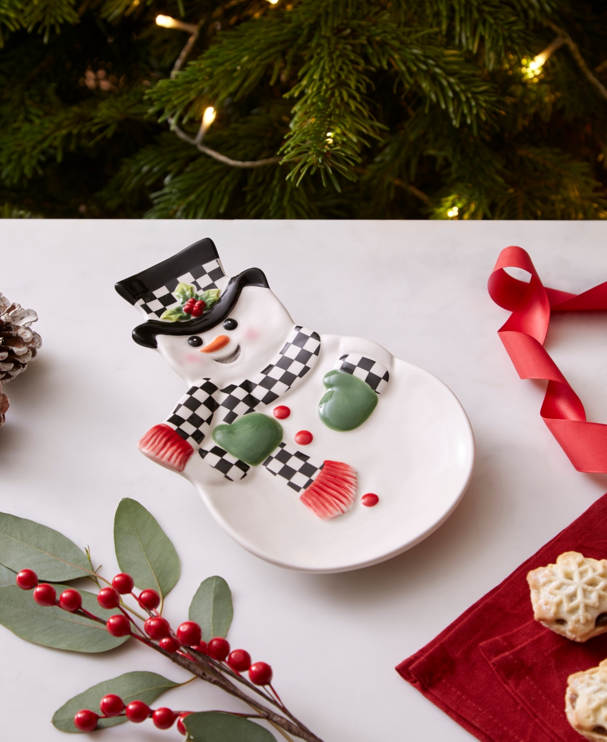 Spode Christmas Tree Black & White Snowman Dish In Green