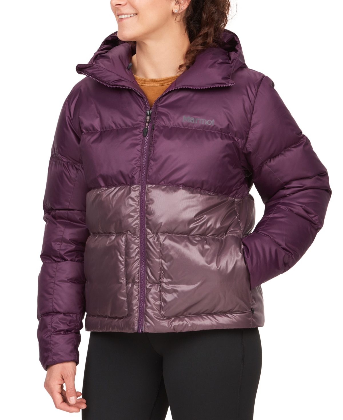 Marmot Women's Guides Hooded Zip-front Down Coat In Purple Fig,hazy Purple