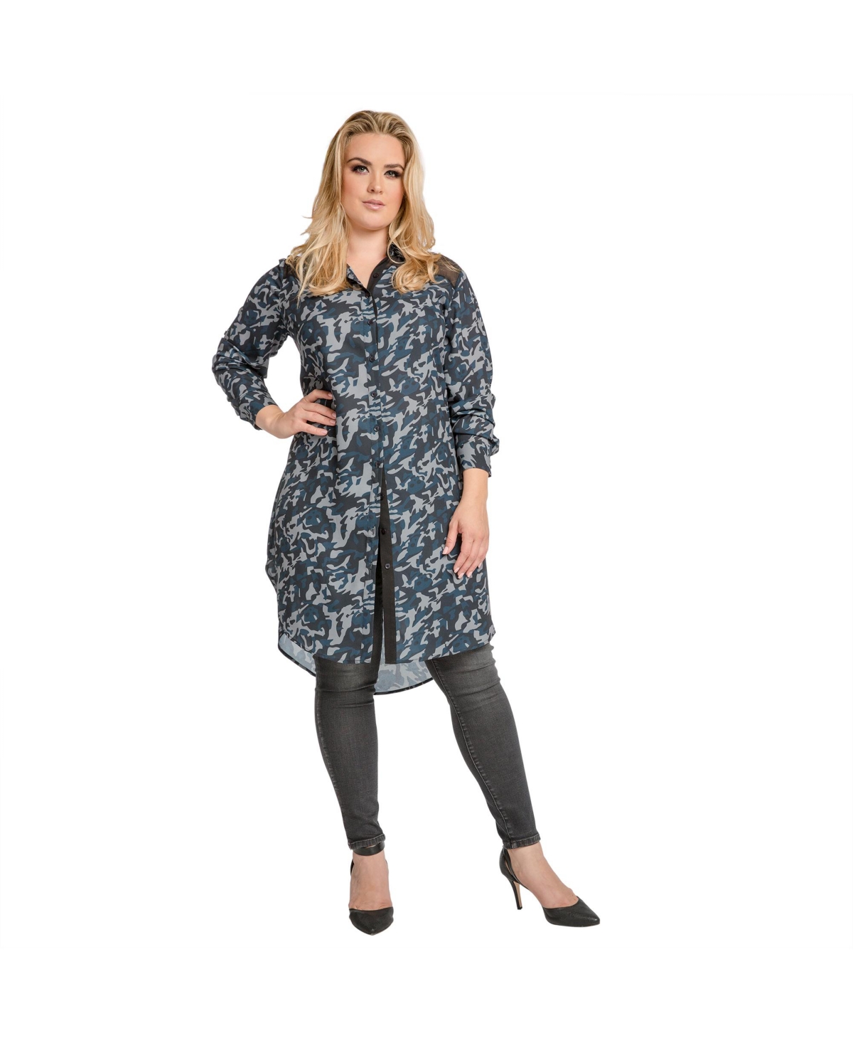Standards & Practices Plus Size Woven Chiffon Camo Shirt Dress