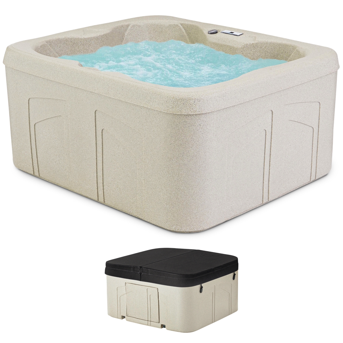 LS100 Sand 4 Person Plug and Play Square Hot Tub Spa with Black Cover - Sand