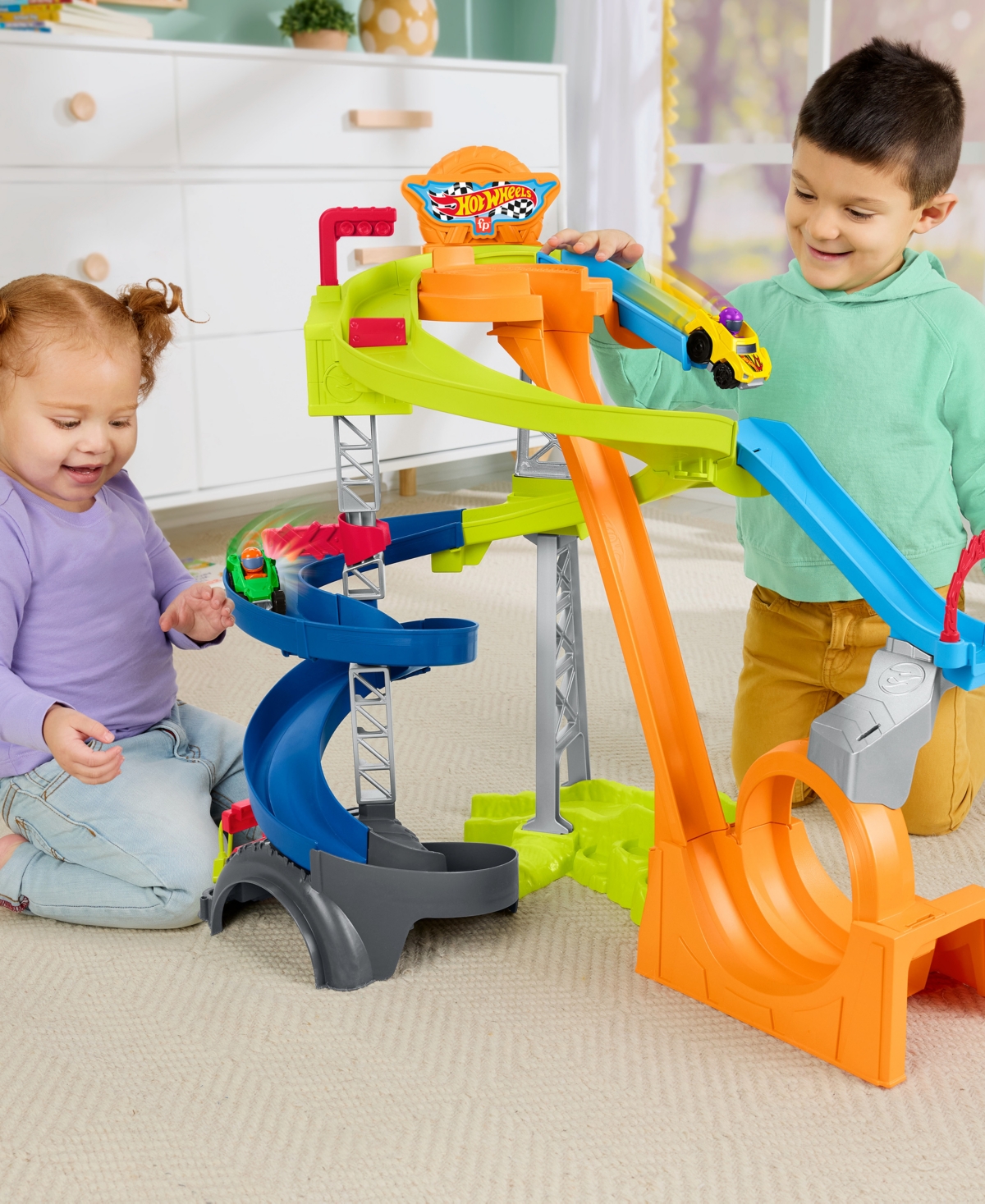 Little People Hot Wheels Spiral Stunt Speedway Playset With 2 Cars & Accessories In Multi-color