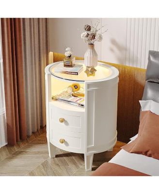 2-Drawer Nightstand with Glass Tabletop, Modern White Oval LED Nightstands, No Assembly Required, Oval Round Night Stand Side Table for Bedroom