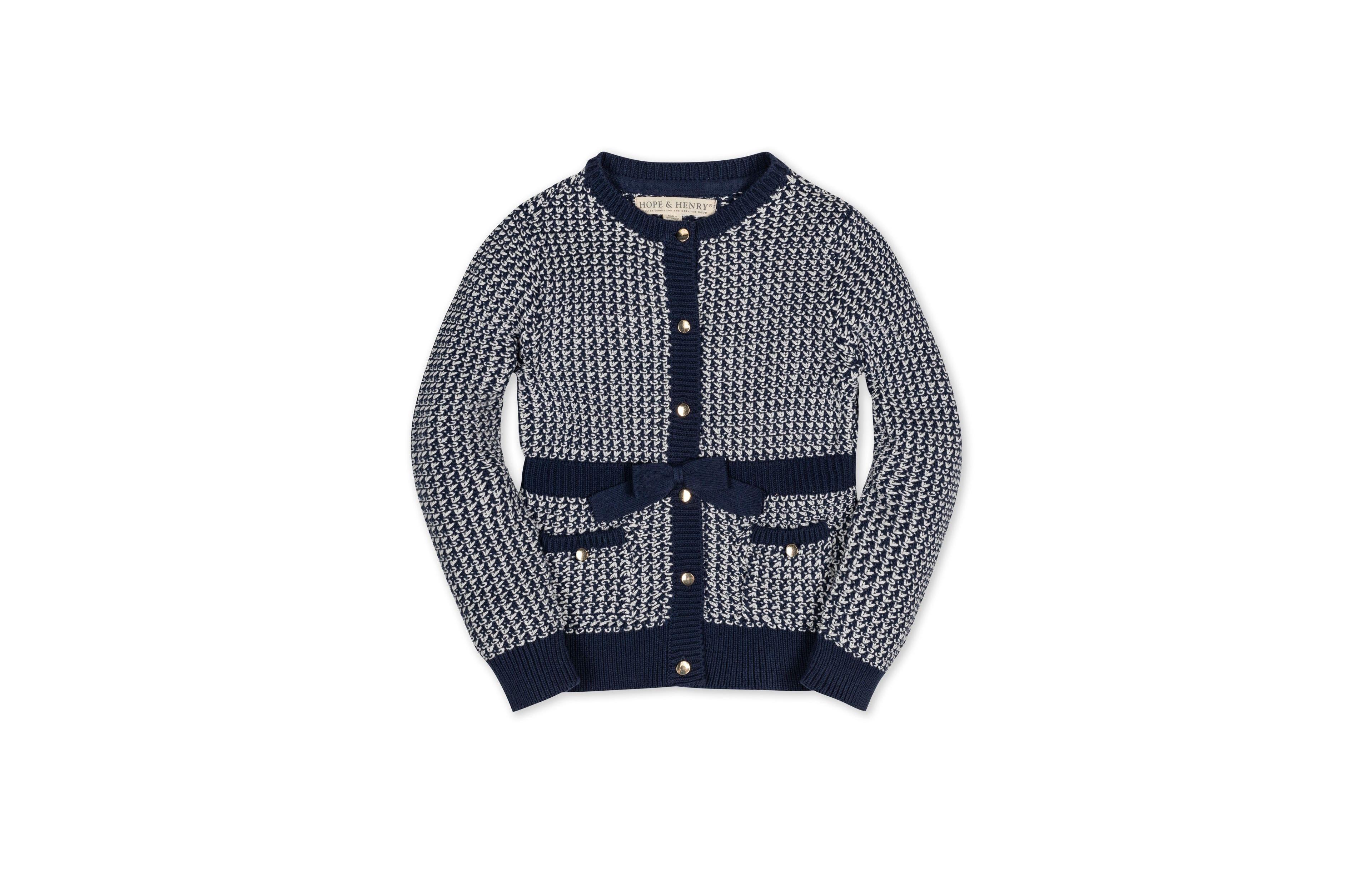 Hope & Henry Girls' Organic Fancy Tweed Stitch Cardigan Sweater with Bow