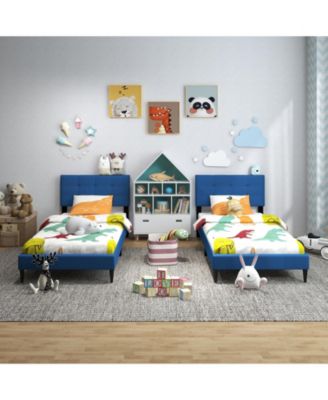 Twin Size Upholstered Platform Bed with with Button Tufted Linen Fabric Headboard