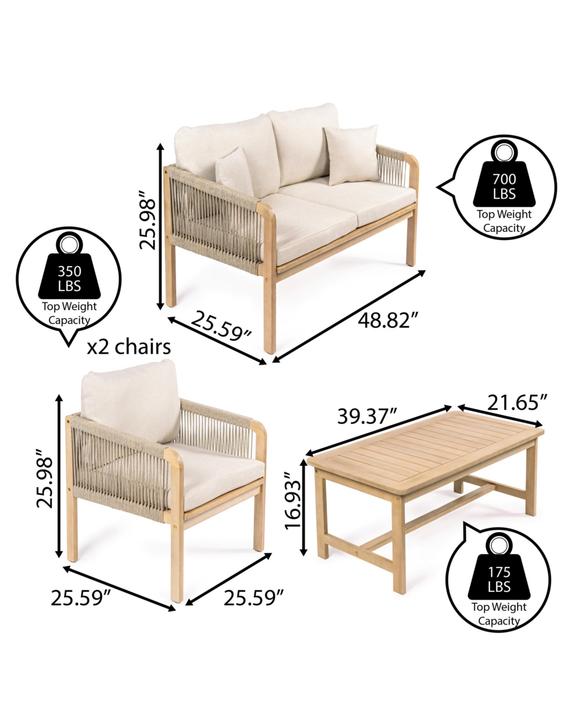 Jonathan Y Tavira 4-Piece Modern Bohemian Acacia Wood Outdoor Patio Set with Cushions and Plain Decorative Pillows, Beige/Light Teak