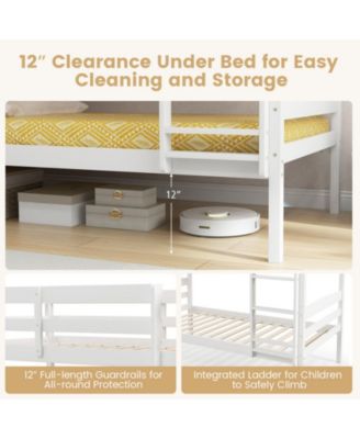 Solid Wood Twin Over Twin Bunk Bed Frame with High Guardrails and Integrated Ladder
