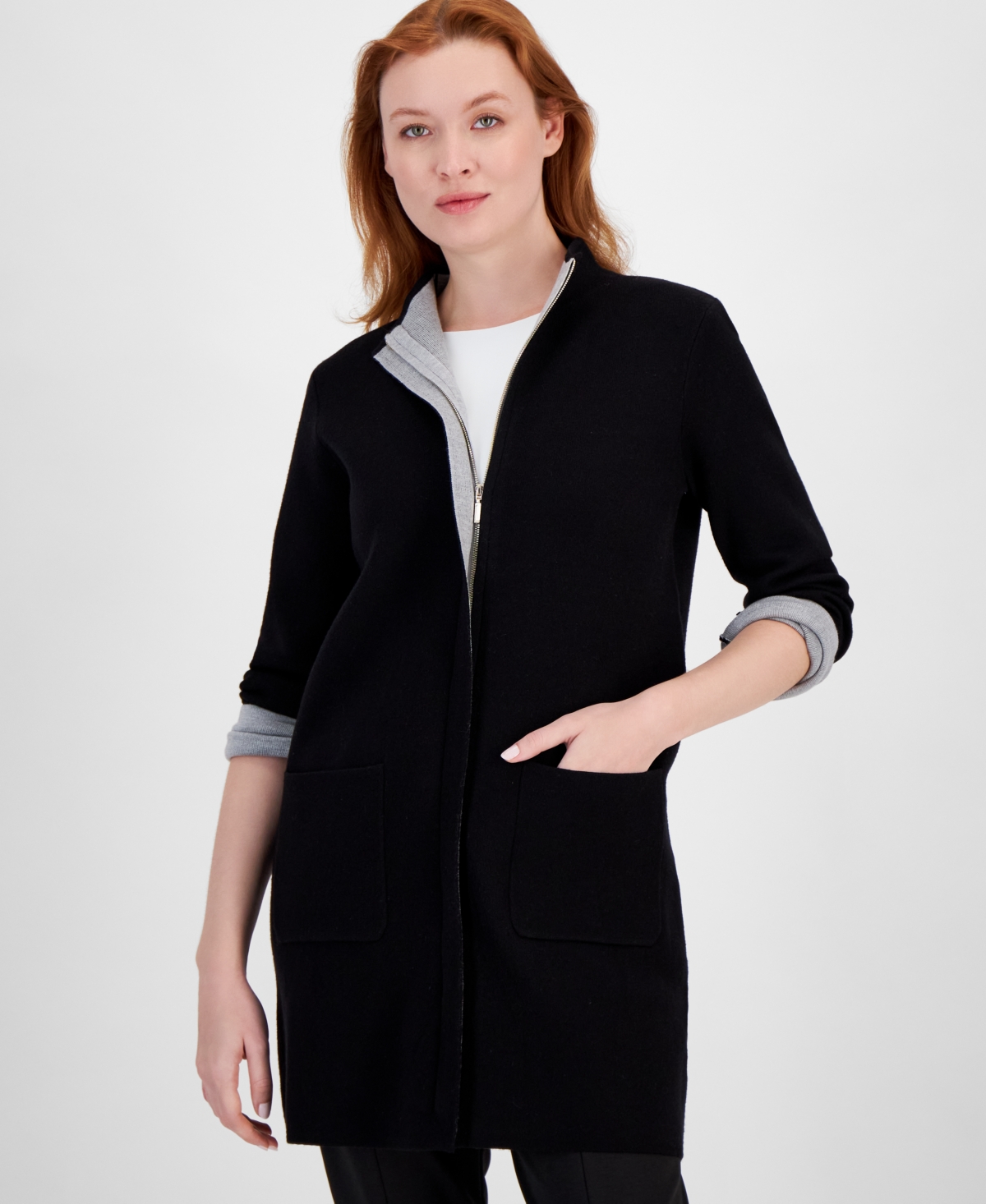 T Tahari Women's Funnel-Neck Thigh-Length Zip Coat -medi