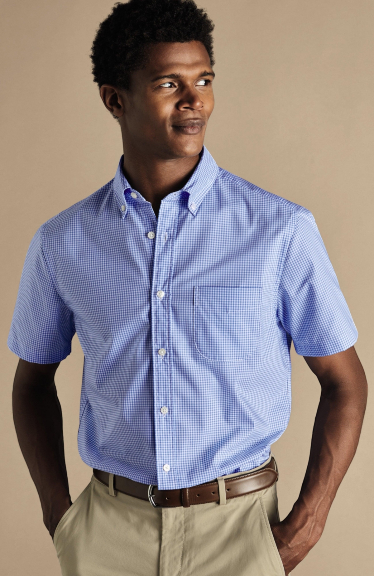 Men's Slim Fit Button-Down Collar Non-Iron Stretch Mini Gingham Short Sleeve Shirt - Ocean blue