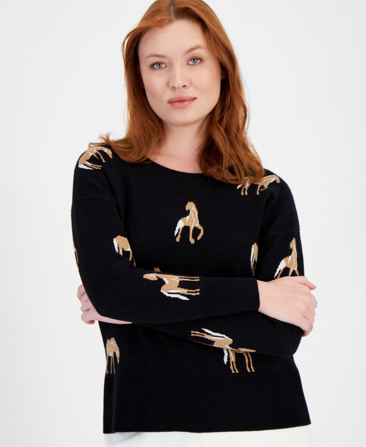 T Tahari Women's Horse Crewneck Long-Sleeve Sweater