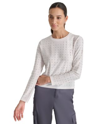 DKNY Jeans - Petite Studded Long-Sleeve Crewneck Top