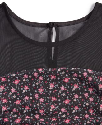 Big Girls Long-Sleeve Printed Mesh Combo Dress