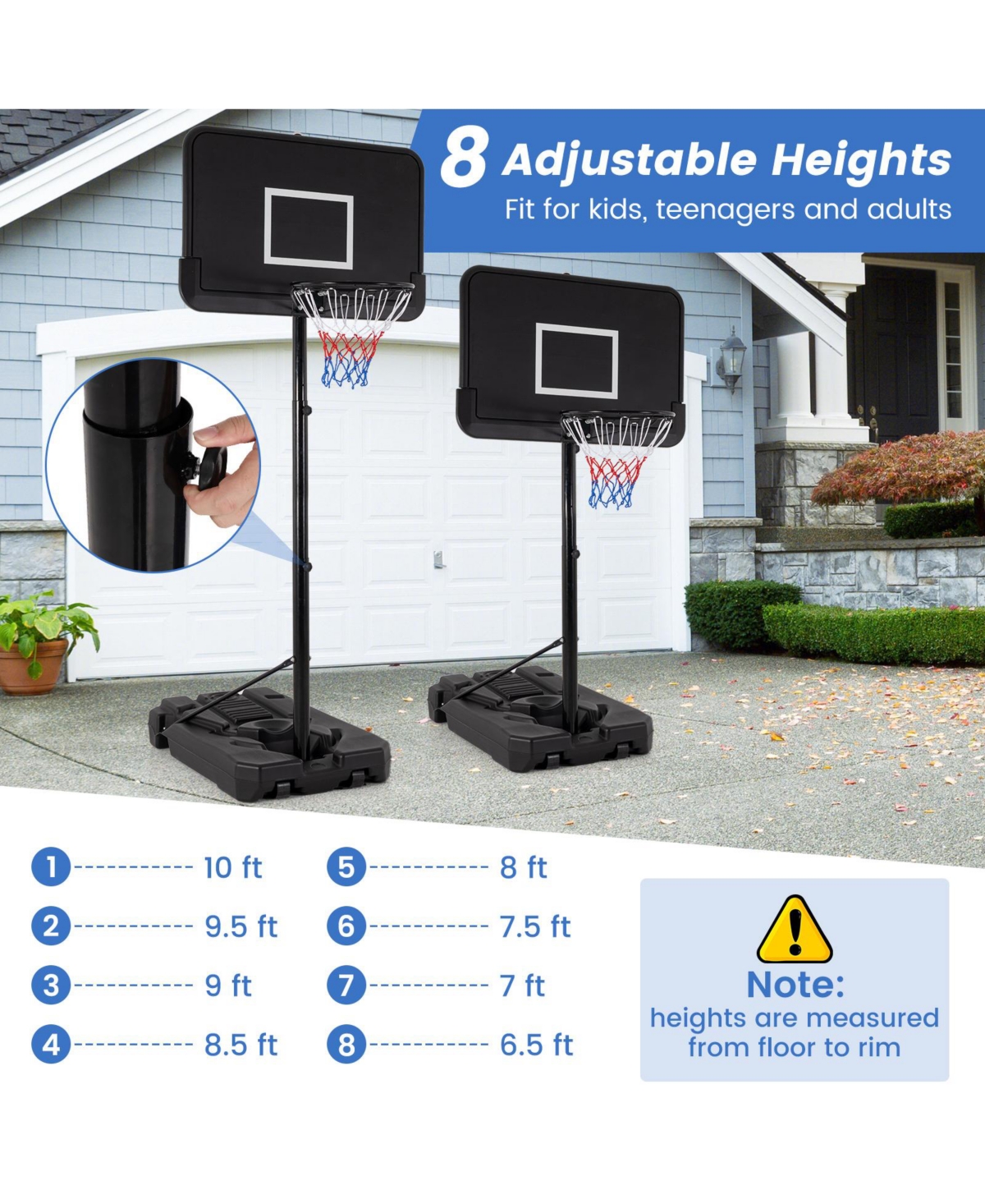 Givimo 6.5-10 Ft Adjustable Portable Basketball Hoop with 44 Inch Shatterproof Backboard & Fillable Base