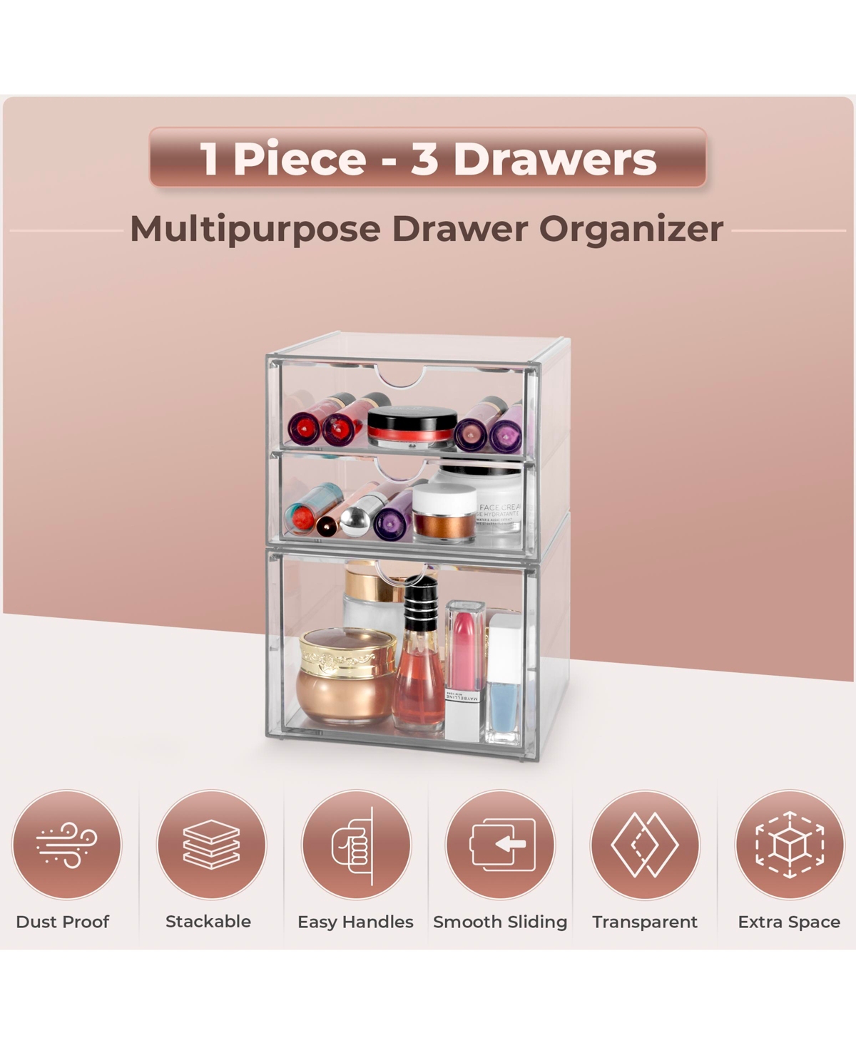 Sorbus 3 Drawers Acrylic Organizer for Makeup, Organization and Storage, Art Supplies, Jewelry, Stationary - 2 PcsStackable Storage Drawers - C