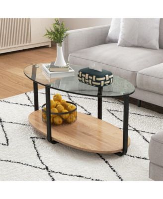 2-Tier Glass-Top Oval Coffee Table with Wooden Shelf for Living Room