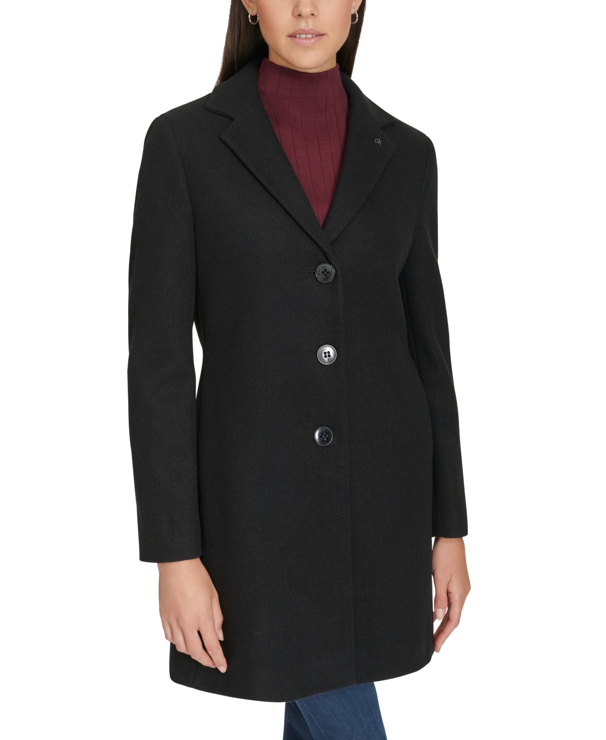 Shop Calvin Klein Women's Single-breasted Notched-collar Coat In Black